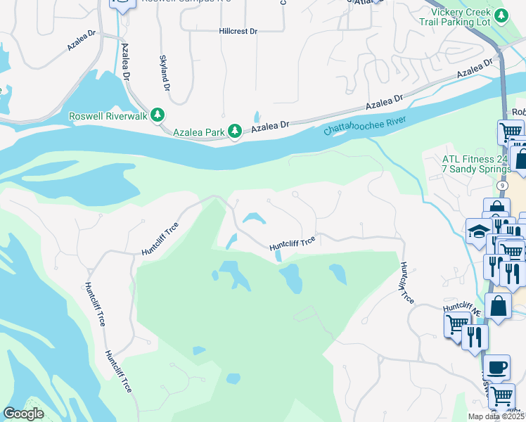 map of restaurants, bars, coffee shops, grocery stores, and more near 8925 Huntcliff Lake Court Northeast in Atlanta