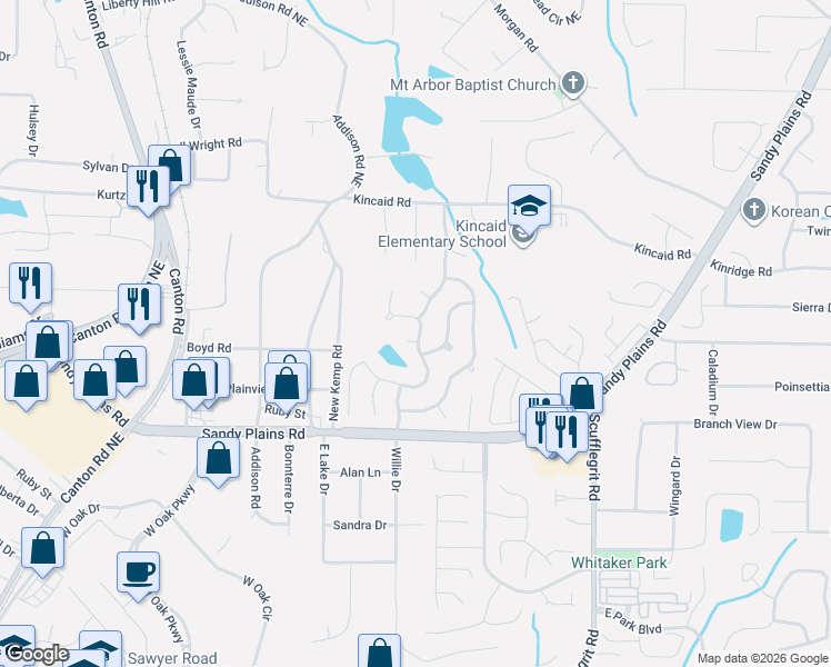 map of restaurants, bars, coffee shops, grocery stores, and more near 1201 Nottoway Trail in Marietta