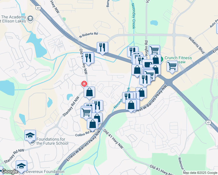 map of restaurants, bars, coffee shops, grocery stores, and more near 322 Wheeler Boulevard Northwest in Kennesaw