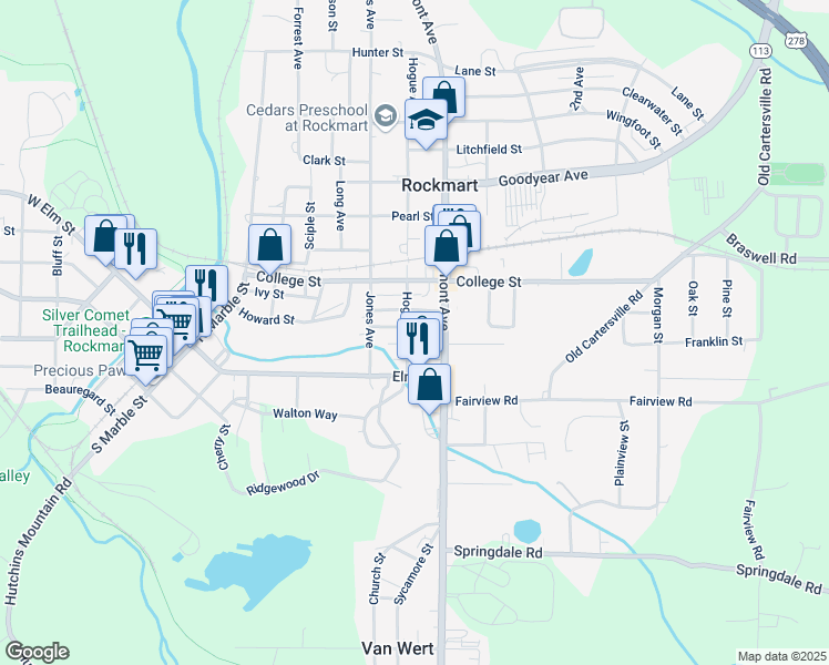 map of restaurants, bars, coffee shops, grocery stores, and more near 609 Jackson Street in Rockmart