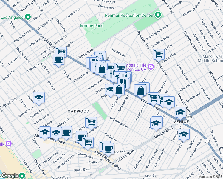 map of restaurants, bars, coffee shops, grocery stores, and more near 919 Broadway Street in Los Angeles