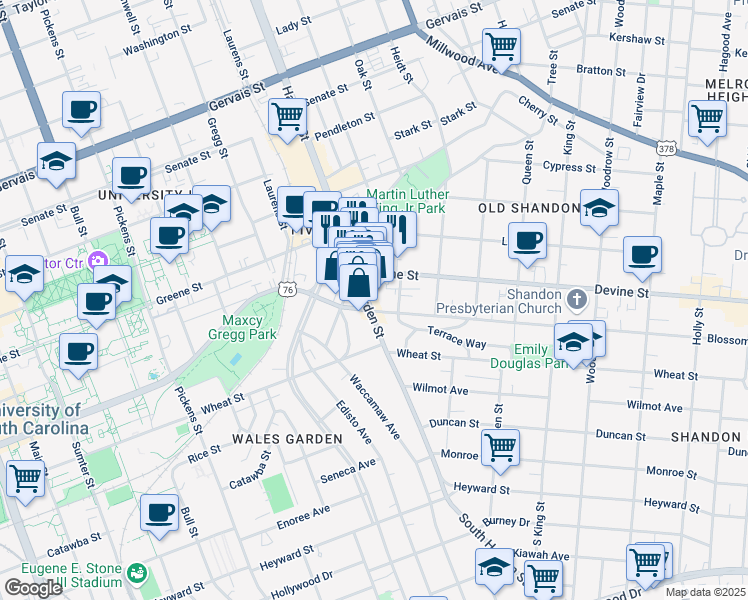 map of restaurants, bars, coffee shops, grocery stores, and more near 2101 Blossom Street in Columbia