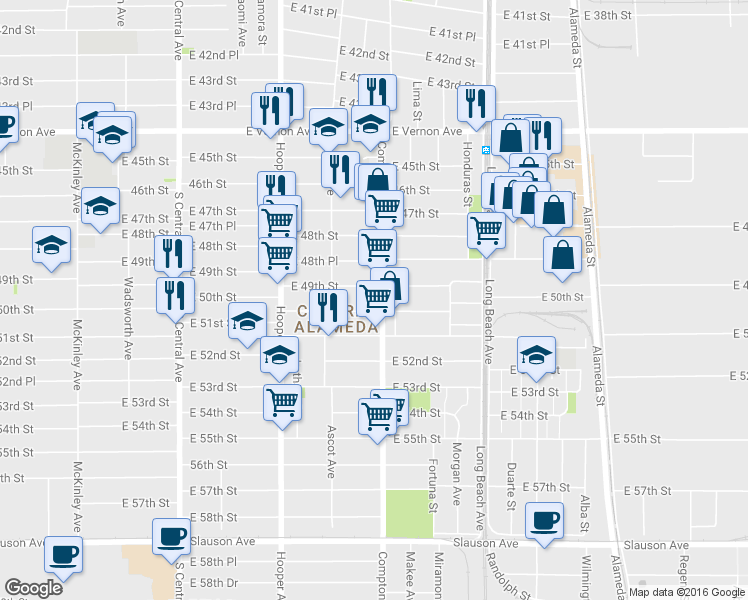 map of restaurants, bars, coffee shops, grocery stores, and more near 4915 Compton Avenue in Los Angeles