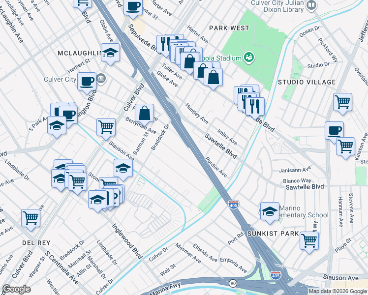 map of restaurants, bars, coffee shops, grocery stores, and more near 4725 Purdue Avenue in Culver City