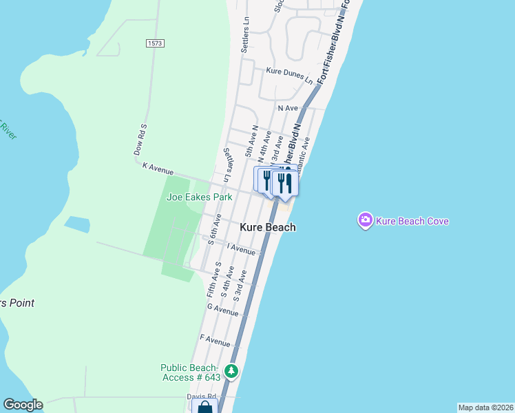 map of restaurants, bars, coffee shops, grocery stores, and more near 125 South 4th Avenue in Kure Beach