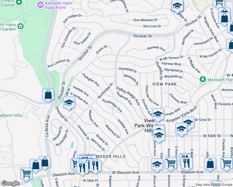 map of restaurants, bars, coffee shops, grocery stores, and more near 4949 Onaknoll Avenue in View Park-Windsor Hills