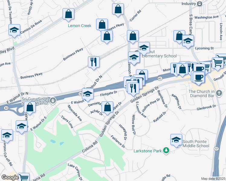 map of restaurants, bars, coffee shops, grocery stores, and more near 20471 Flintgate Drive in Walnut