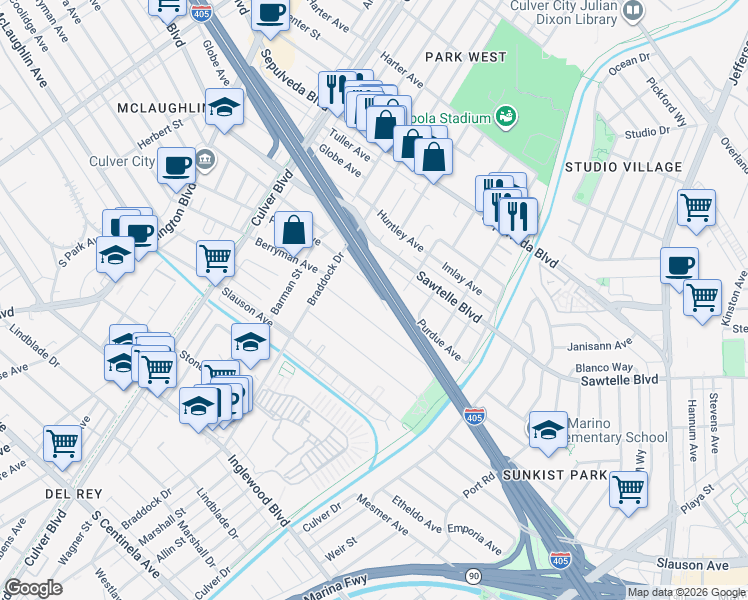 map of restaurants, bars, coffee shops, grocery stores, and more near 4726 Berryman Avenue in Culver City