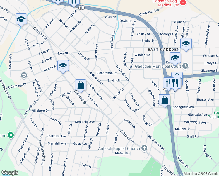 map of restaurants, bars, coffee shops, grocery stores, and more near 1327 Stillman Avenue in Gadsden