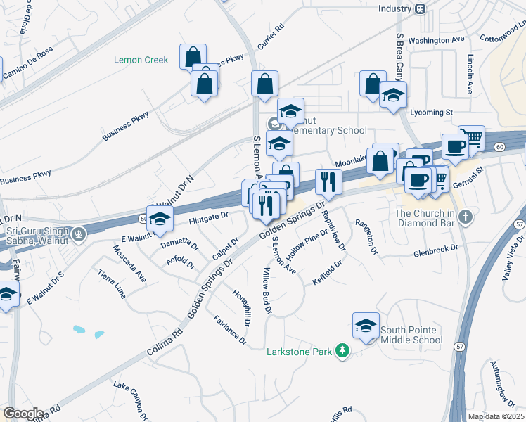 map of restaurants, bars, coffee shops, grocery stores, and more near 109 South Lemon Avenue in Diamond Bar