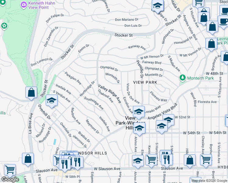 map of restaurants, bars, coffee shops, grocery stores, and more near 5017 Valley Ridge Avenue in View Park-Windsor Hills