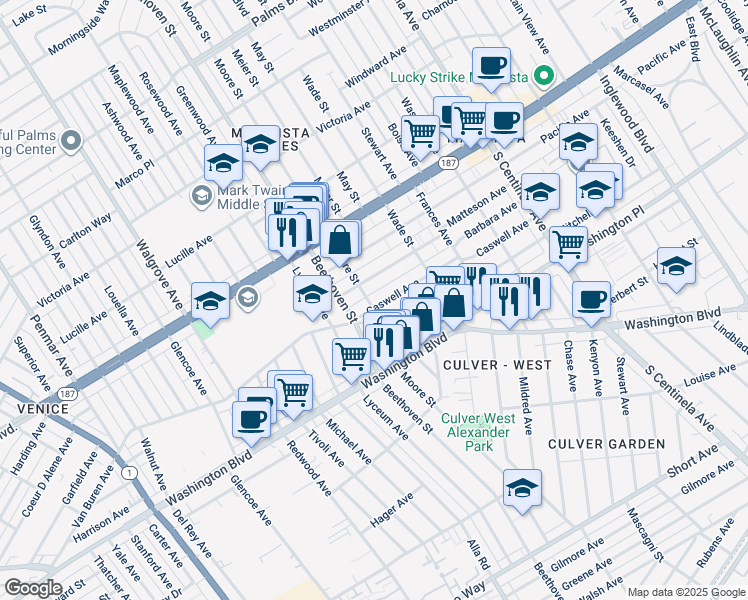 map of restaurants, bars, coffee shops, grocery stores, and more near 12773 Caswell Avenue in Los Angeles