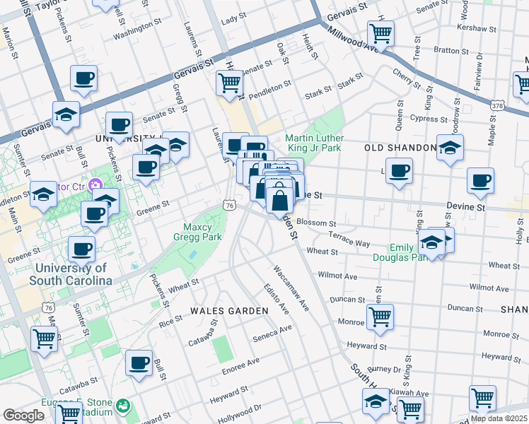 map of restaurants, bars, coffee shops, grocery stores, and more near 701 Santee Avenue in Columbia