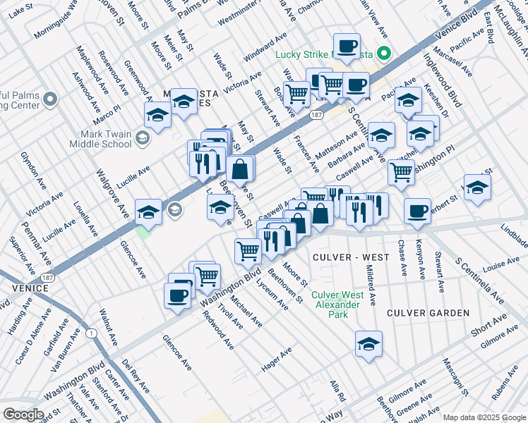map of restaurants, bars, coffee shops, grocery stores, and more near 12773 Caswell Avenue in Los Angeles