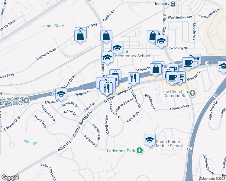 map of restaurants, bars, coffee shops, grocery stores, and more near Golden Springs Drive in City of Industry