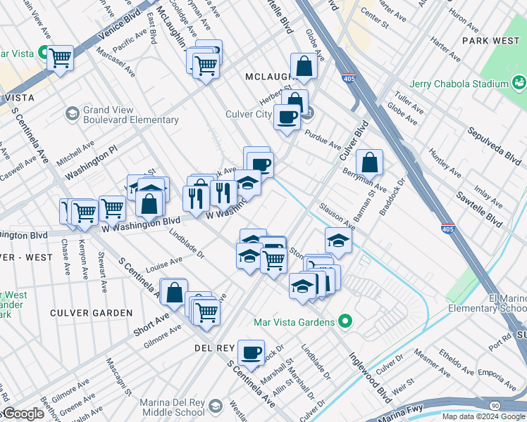 map of restaurants, bars, coffee shops, grocery stores, and more near 11823 Avon Way in Los Angeles