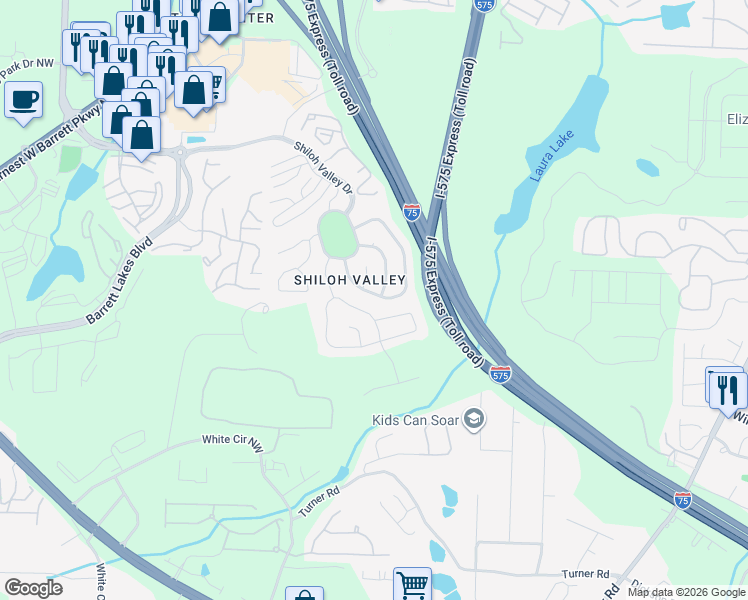 map of restaurants, bars, coffee shops, grocery stores, and more near 1924 Shiloh Valley Trail Northwest in Kennesaw