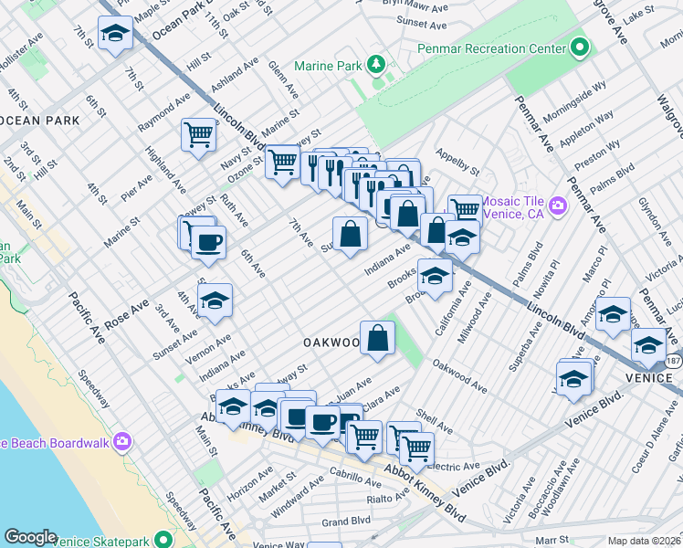 map of restaurants, bars, coffee shops, grocery stores, and more near 704 Vernon Avenue in Los Angeles