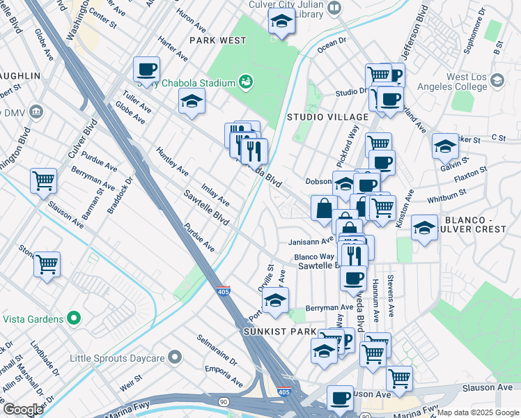 map of restaurants, bars, coffee shops, grocery stores, and more near 11121 Orville Street in Culver City