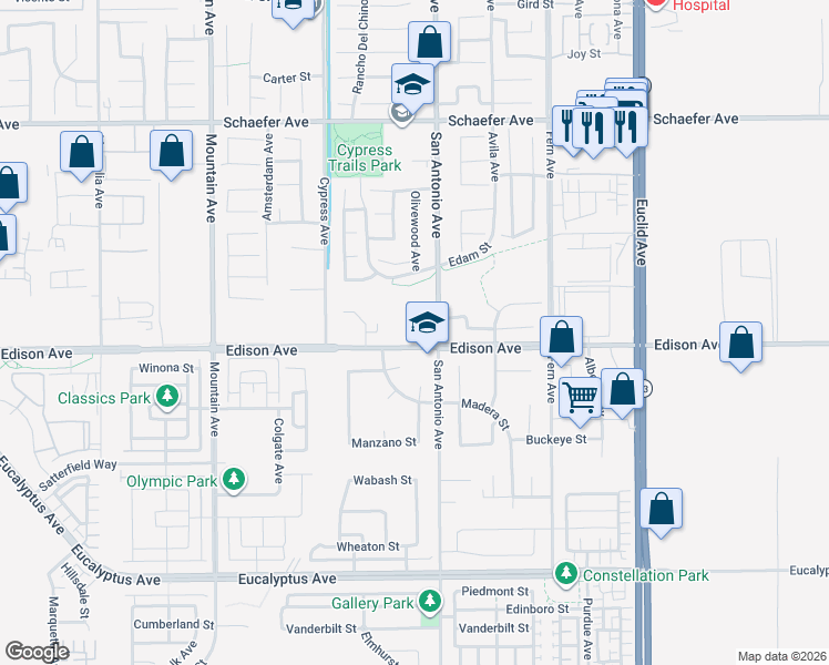 map of restaurants, bars, coffee shops, grocery stores, and more near 6641 Sugar Pine Court in Chino