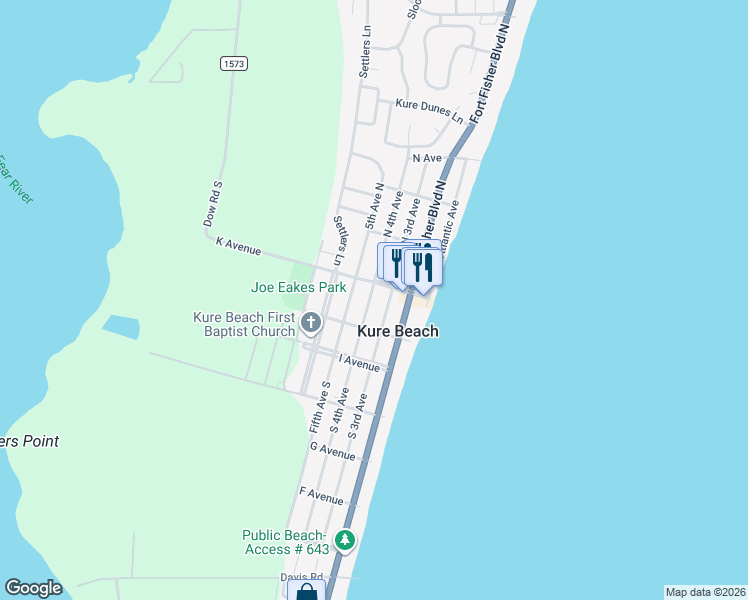 map of restaurants, bars, coffee shops, grocery stores, and more near 125 South 4th Avenue in Kure Beach