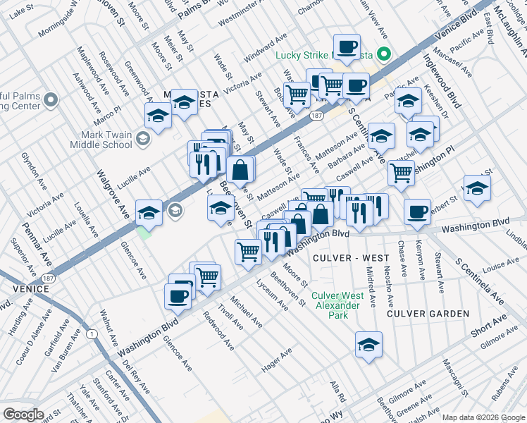 map of restaurants, bars, coffee shops, grocery stores, and more near 12773 Caswell Avenue in Los Angeles