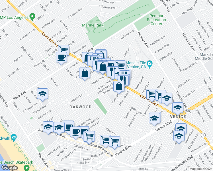 map of restaurants, bars, coffee shops, grocery stores, and more near 830 Brooks Avenue in Los Angeles