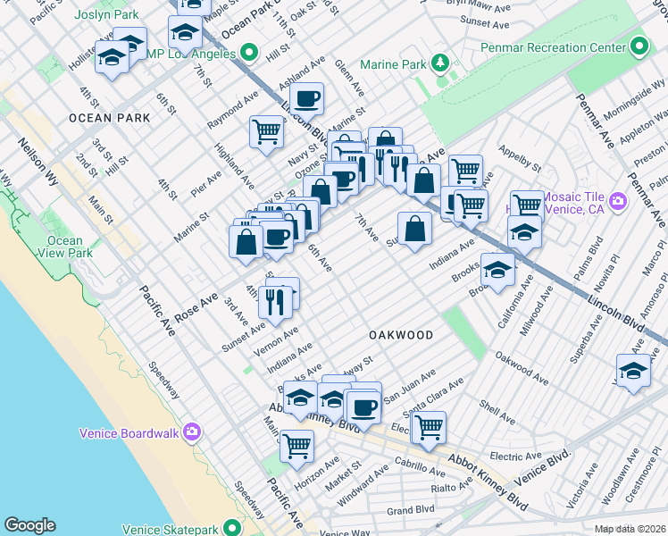 map of restaurants, bars, coffee shops, grocery stores, and more near 350 6th Avenue in Los Angeles