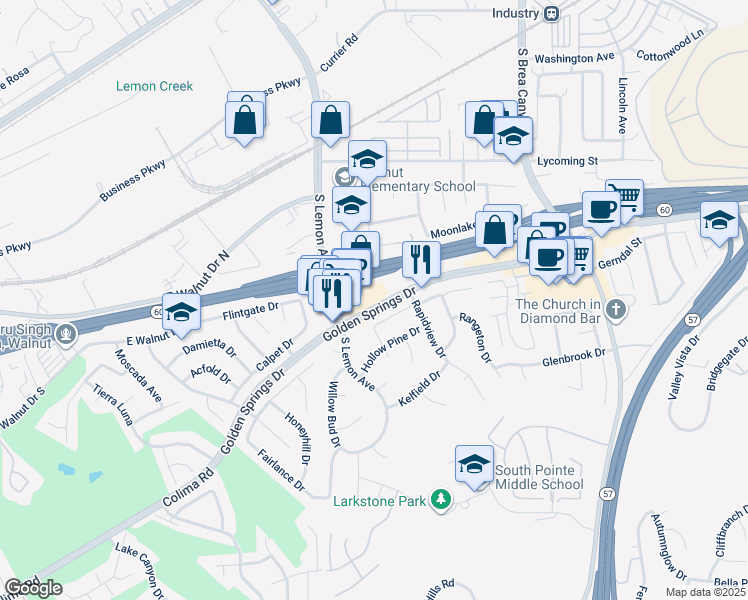 map of restaurants, bars, coffee shops, grocery stores, and more near 20651 Golden Springs Drive in Walnut