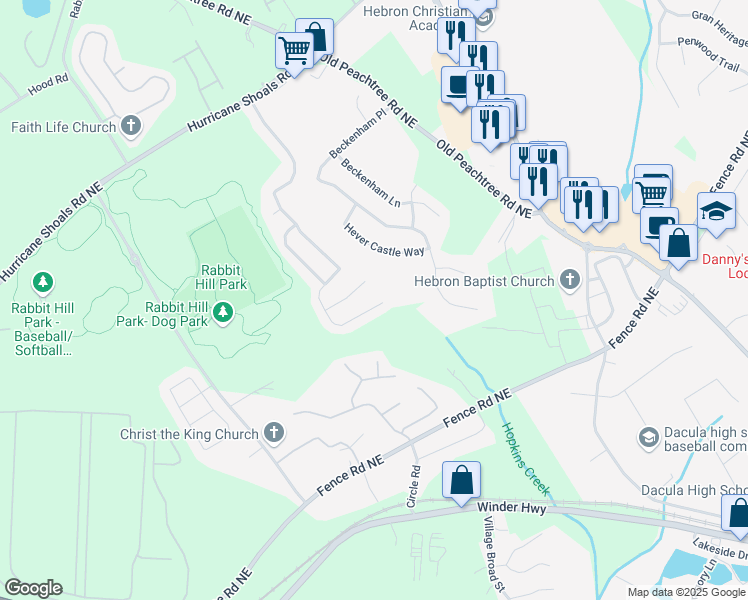 map of restaurants, bars, coffee shops, grocery stores, and more near 275 Beckenham Walk Drive in Dacula