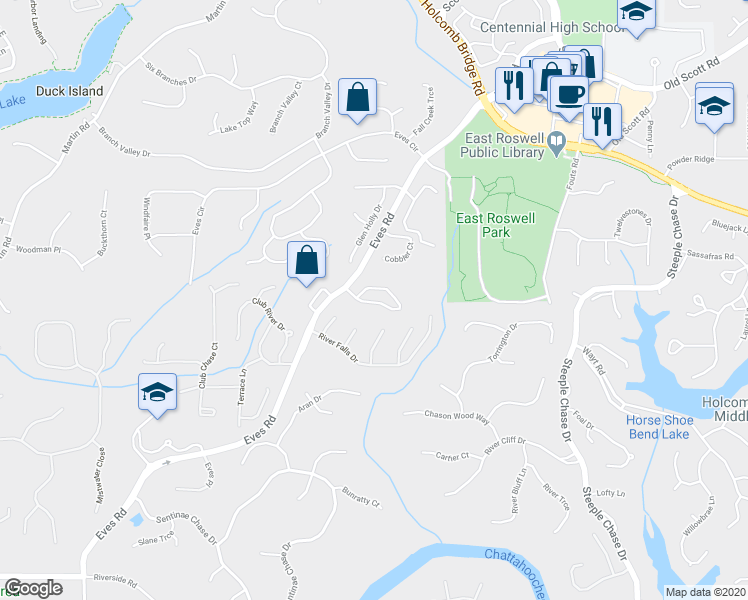 map of restaurants, bars, coffee shops, grocery stores, and more near 1206 Canyon Point Circle in Roswell