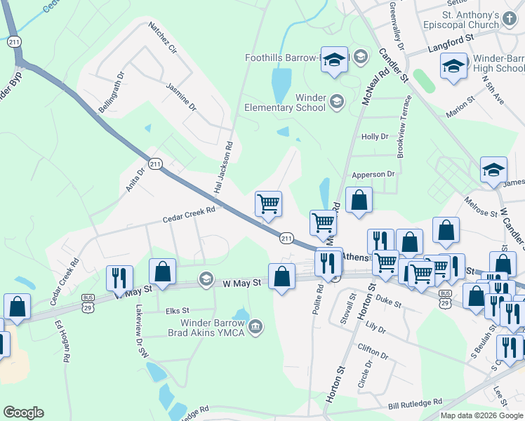 map of restaurants, bars, coffee shops, grocery stores, and more near 104 Mears Street in Winder