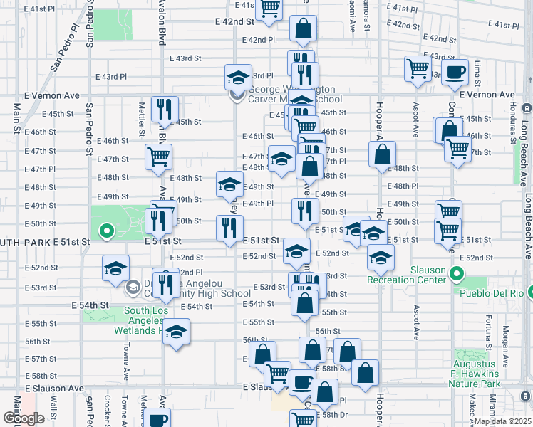map of restaurants, bars, coffee shops, grocery stores, and more near 976 East 50th Street in Los Angeles