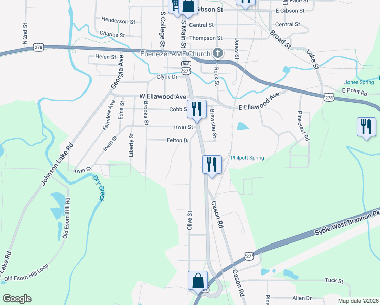map of restaurants, bars, coffee shops, grocery stores, and more near 228 Olive St in Cedartown