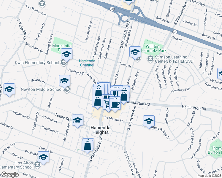 map of restaurants, bars, coffee shops, grocery stores, and more near 2015 South Hacienda Boulevard in Hacienda Heights