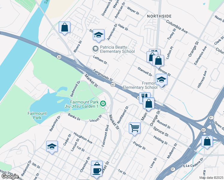 map of restaurants, bars, coffee shops, grocery stores, and more near 2300 Market Street in Riverside