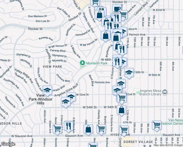 map of restaurants, bars, coffee shops, grocery stores, and more near 4918 Angeles Vista Boulevard in View Park-Windsor Hills