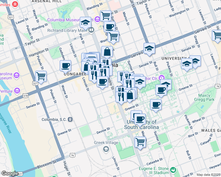 map of restaurants, bars, coffee shops, grocery stores, and more near 1025 Pendleton Street in Columbia