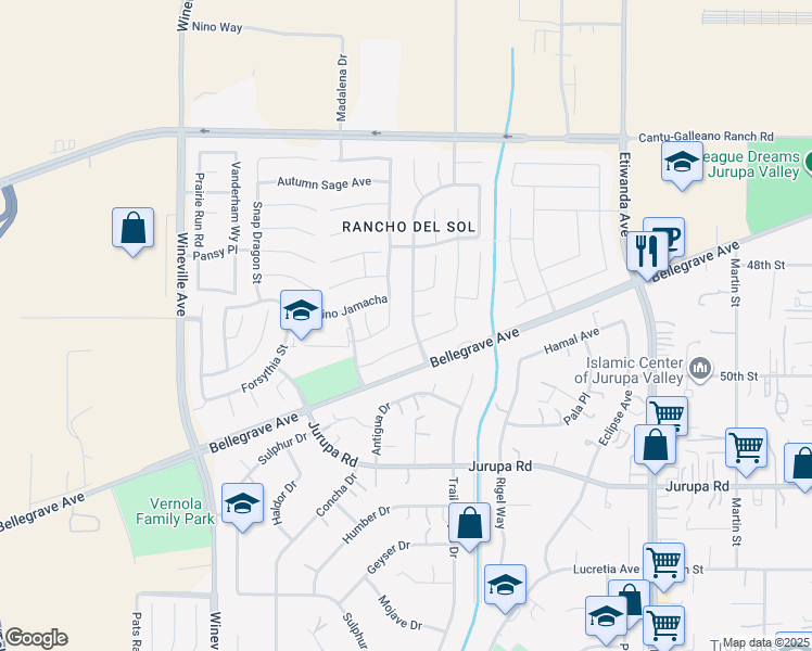 map of restaurants, bars, coffee shops, grocery stores, and more near 4991 Graphite Creek Road in Jurupa Valley