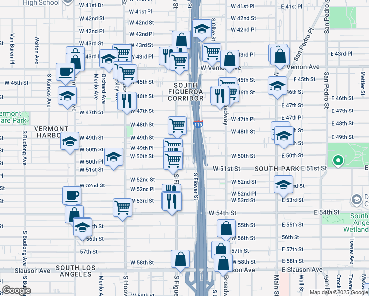 map of restaurants, bars, coffee shops, grocery stores, and more near 455 West 50th Street in Los Angeles