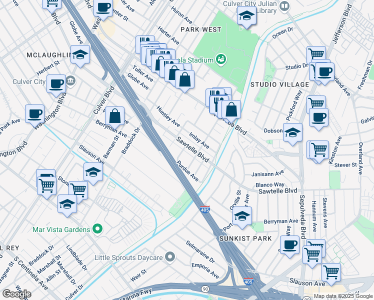 map of restaurants, bars, coffee shops, grocery stores, and more near 11328 Youngworth Street in Culver City