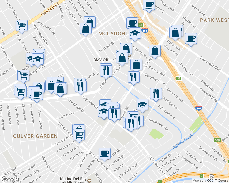 map of restaurants, bars, coffee shops, grocery stores, and more near 11823 Avon Way in Los Angeles