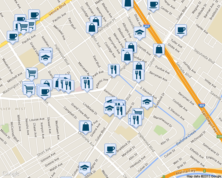 map of restaurants, bars, coffee shops, grocery stores, and more near in Culver City