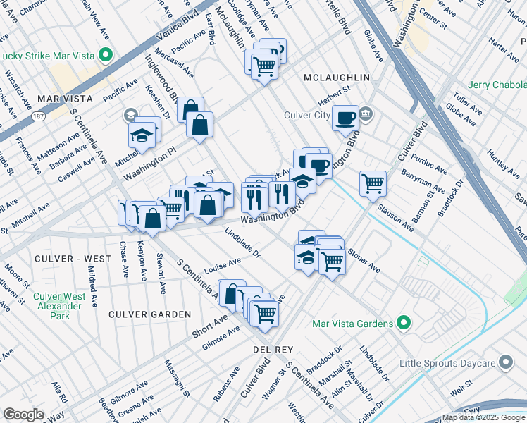 map of restaurants, bars, coffee shops, grocery stores, and more near 12000 West Washington Boulevard in Los Angeles