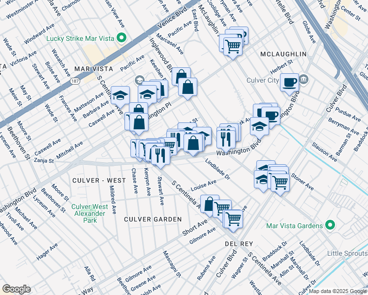 map of restaurants, bars, coffee shops, grocery stores, and more near in Culver City
