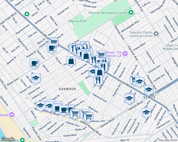 map of restaurants, bars, coffee shops, grocery stores, and more near 830 Brooks Avenue in Los Angeles