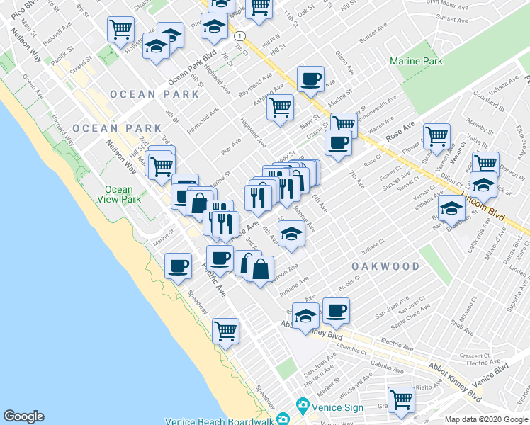 map of restaurants, bars, coffee shops, grocery stores, and more near 412 Rose Avenue in Los Angeles