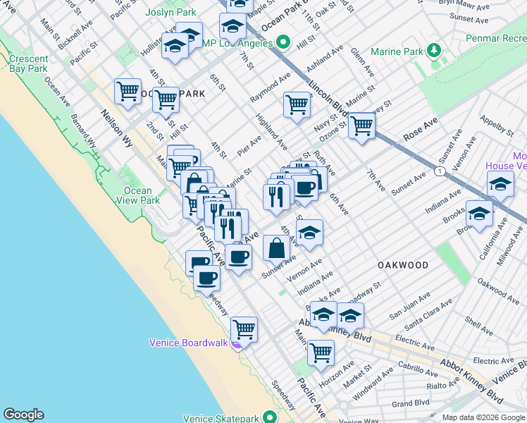 map of restaurants, bars, coffee shops, grocery stores, and more near 345 Rose Avenue in Los Angeles