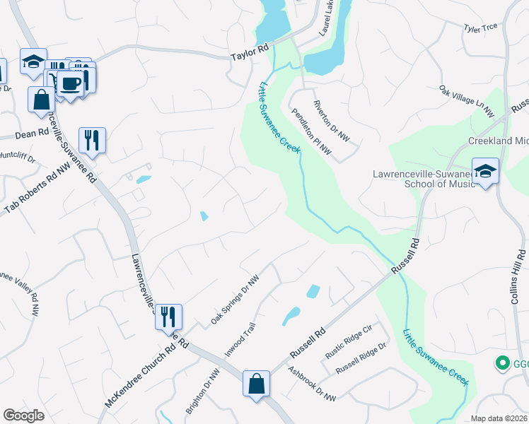 map of restaurants, bars, coffee shops, grocery stores, and more near 398 Hearth Place Northwest in Lawrenceville
