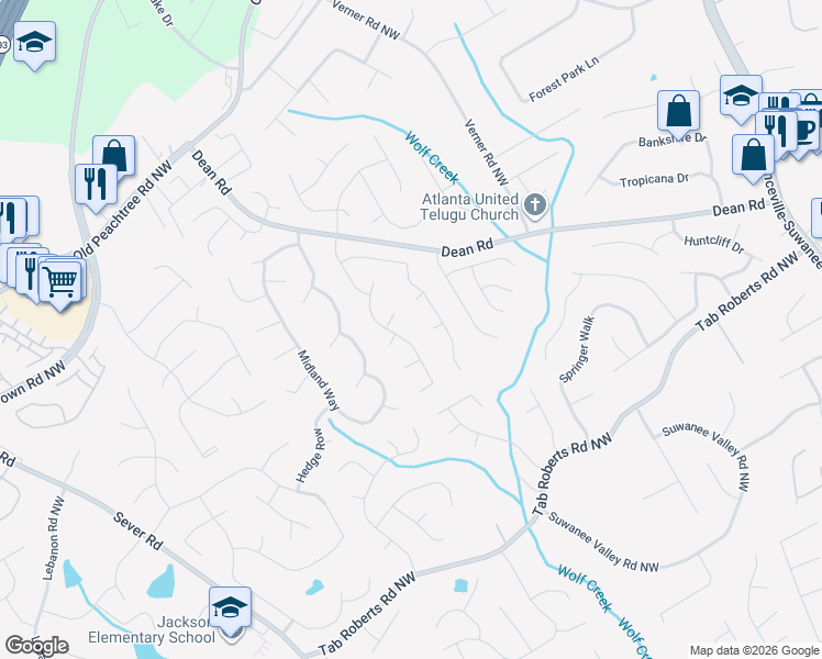 map of restaurants, bars, coffee shops, grocery stores, and more near 2217 Birch Hollow Trail in Lawrenceville